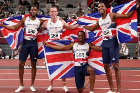 Great Britain’s 4x100m silver medal winning team at the 2020 Olympics from left Nethaneel Mitchell-Blake, Richard Kilty, Chijindu Ujah, and Zharnel Hughes 