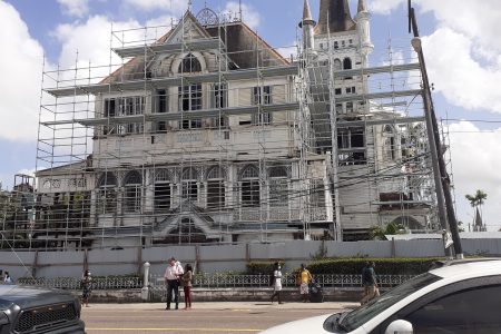 Scaffolding around the Georgetown City Hall building as restoration work by Trinidadian company, Fides Ltd continues.