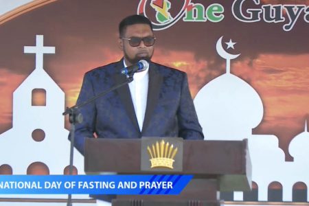 President Irfaan Ali addressing the gathering at the National Day of Prayer and Fasting 