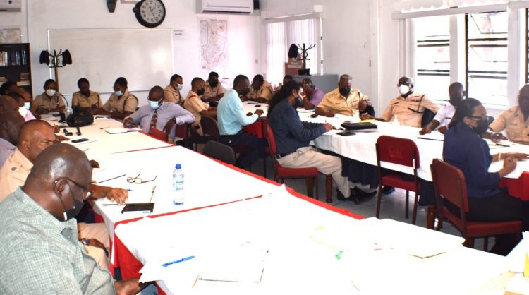 Some of the Heads of Departments and Branch Commanders of the Guyana Police Force at Thursday’s meeting with Commissioner of Police (ag) Clifton Hicken (Police photo)