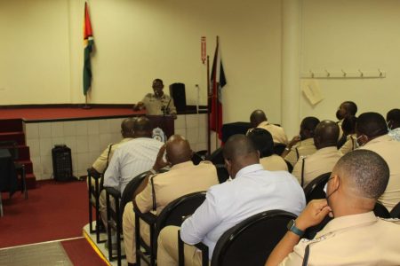 Commissioner of Police (ag) Clifton Hicken addressing the junior officers at Thursday’s meeting (Guyana Police Force photo)
