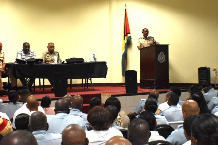 Commissioner of Police (ag) Clifton Hicken addressing police sergeants yesterday. (Guyana Police Force photo)