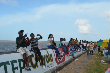 The best way to do it: Sitting on the Ogle seawall and flying kites yesterday. (Orlando Charles photo)