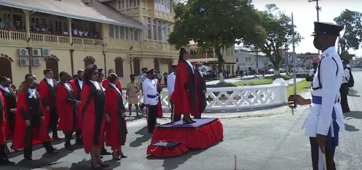 Acting Chancellor of the Judiciary, Yonette Cummings-Edwards, taking the salute at yesterday’s opening of the April criminal sessions of the High Court in Demerara (Orlando Charles photo). 