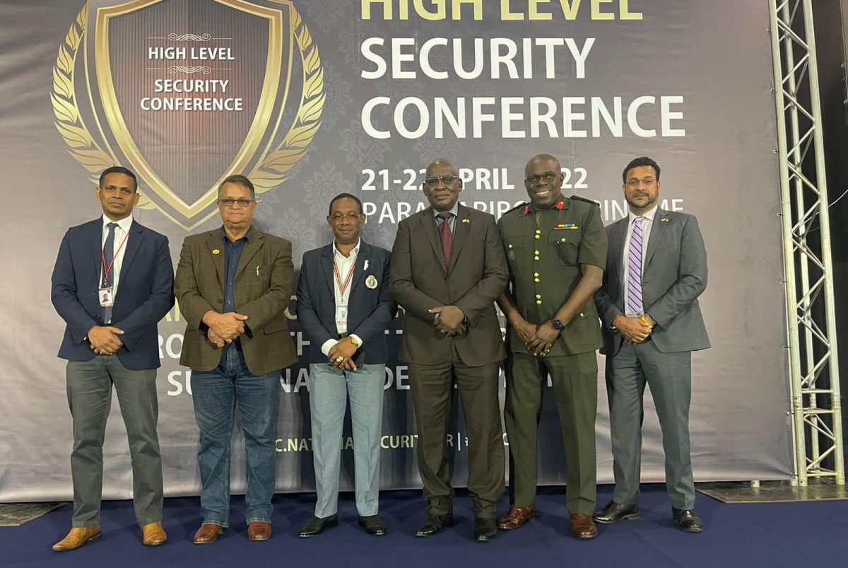 The team from Guyana at  the High Level Security Conference in Suriname. The team was led by Minister of Home Affairs Robeson Benn (third, from right). Also present were National Security Advisor Captain Gerry Gouveia (second from left), Commissioner of Police (ag) Clifton Hicken (third, from left); Head of the Customs Anti-Narcotic Unit  James Singh (at right), Director of the National Intelligence and Security Agency Colonel Omar Khan (at left) and Deputy Chief of Staff Colonel Julius Skeete (second, from right). (Ministry of Home Affairs photo)