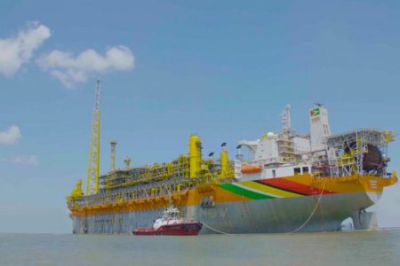 The Liza Destiny FPSO is producing oil offshore Guyana at the ExxonMobil operated Stabroek Block