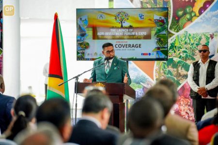 President Irfaan Ali speaking at the launch of the CARICOM Agriculture Investment Forum and Expo (Office of the President photo) 