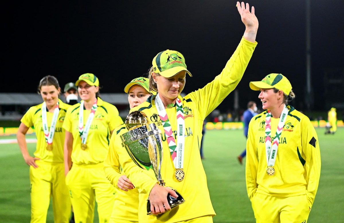 SEVENTH HEAVEN! Some members of the Australia women’s cricket team bask in the euphoria of winning their seventh One-Day International World Cup tournament. Photo courtesy Cricket Australia)