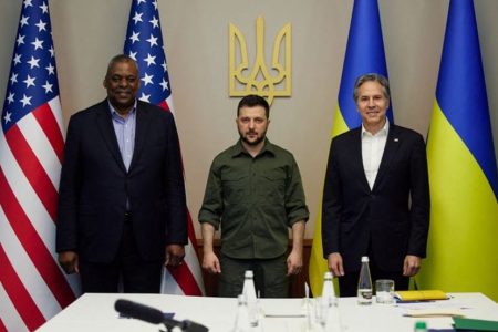 In this photo provided by the Ukrainian Presidential Press Office on Monday, April 25, 2022, from left; U.S. Secretary of Defense Lloyd Austin, Ukrainian President Volodymyr Zelenskyy and U.S. Secretary of State Antony Blinken pose for a picture during their meeting Sunday, April 24, 2022, in Kyiv, Ukraine. (Ukrainian Presidential Press Office via AP)