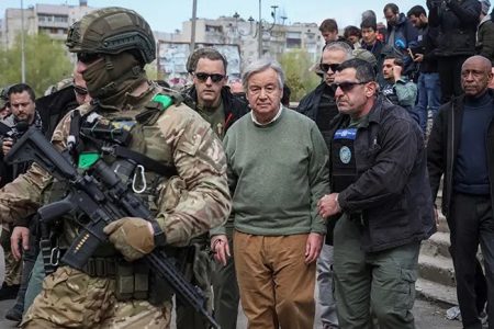 UN Secretary-General Antonio Guterres visits the town of Borodianka, as Russia's attack on Ukraine continues, outside of Kyiv