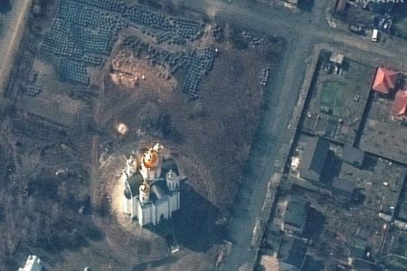 A Maxar Technologies satellite image of a possible mass grave in Bucha (Reuters)