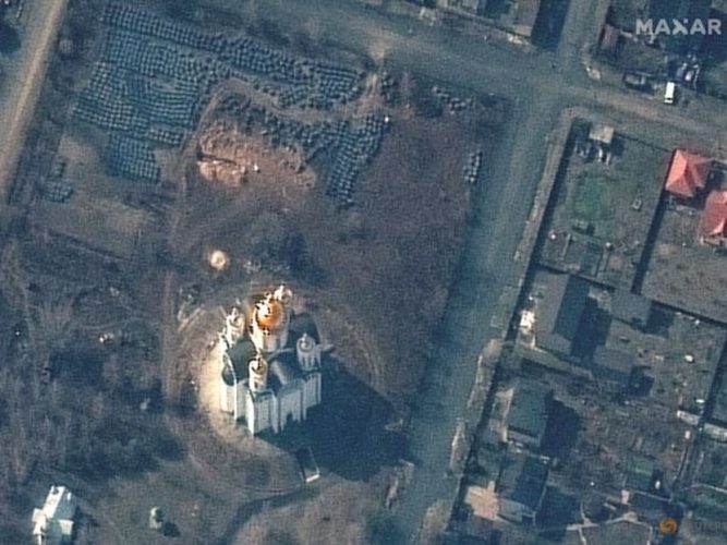 A Maxar Technologies satellite image of a possible mass grave in Bucha (Reuters)