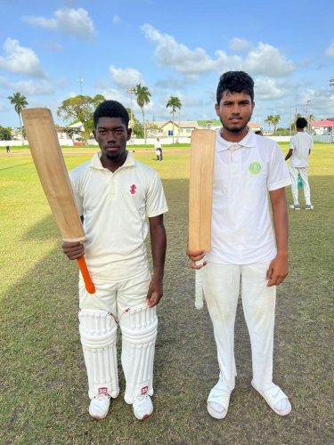 Jaden Campbell (left) smashed 137 while Alvin Mohabir made 53 for GCA