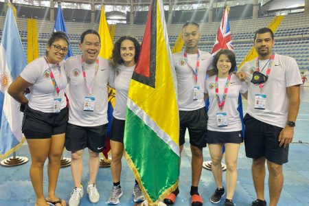 Guyana’s Nicolette Fernandes, third from left, is the last remaining hope for an individual singles medal at the Pan Am squash championships