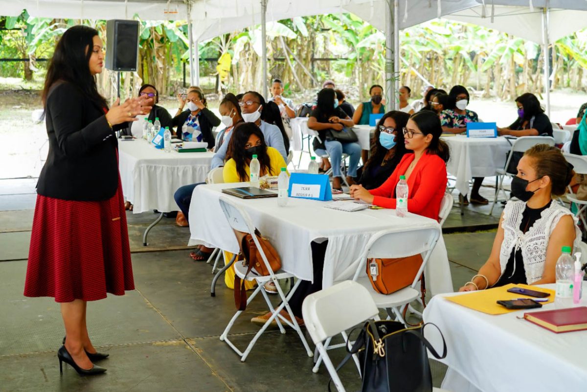 Minister of Human Services and Social Security Dr. Vindhya Persaud, engages the officers of Childcare and Protection Agency