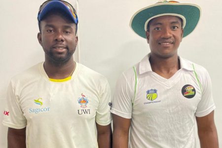 Winston Forrester (left) hammered 176 while Leon Johnson made 65 and took 5-31 to lead GCC to a massive win over Malteenoes Sports Club.