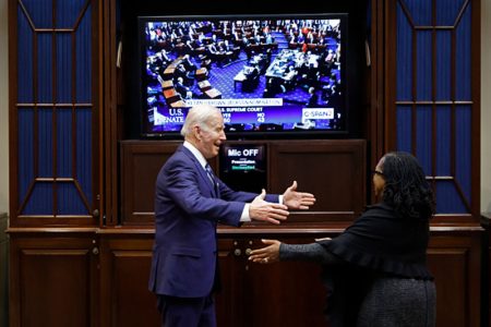 President Joe Biden embraces Ketanji Brown Jackson moments after the she got enough votes in the U.S. Senate to be confirmed as the first Black woman to be a justice on the Supreme Court. | Chip Somodevilla via Getty Images