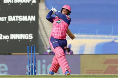 Left-hander Shimron Hetmyer clobbers a six during his cameo 35 for Rajasthan Royals yesterday. (Photo courtesy IPL Media)