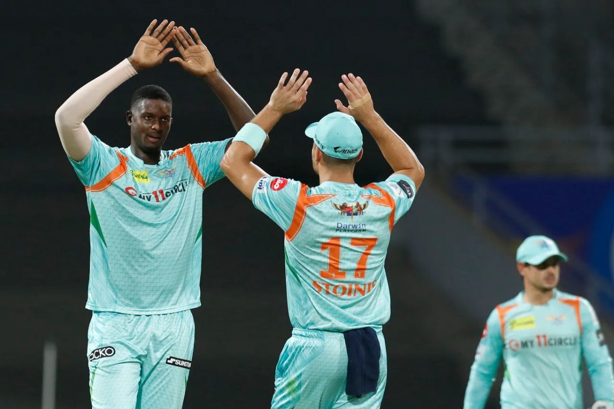 Jason Holder (left) celebrates a wicket with Marcus Stoinis during yesterday’s encounter. (Photo courtesy IPL)