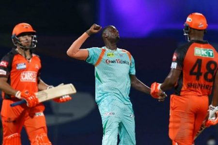 Fast bowler Jason Holder celebrates a wicket against Sunrisers Hyderbad yesterday. (Photo courtesy IPL)