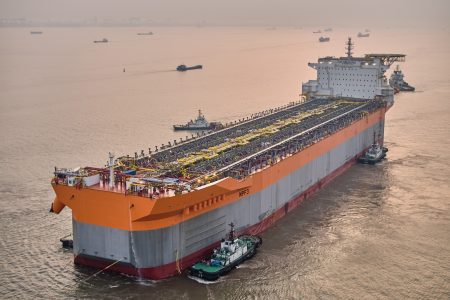 The ONE GUYANA hull prepares for sail away from China for Singapore (ExxonMobil photo)