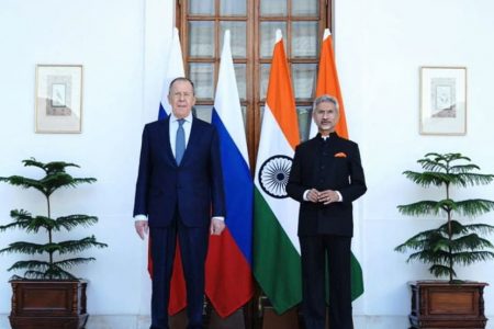 India's Foreign Minister Subrahmanyam Jaishankar and his Russian counterpart Sergei Lavrov are seen before their meeting in New Delhi, India, April 1, 2022. @DrSJaishankar/Twitter/Handout via REUTERS
