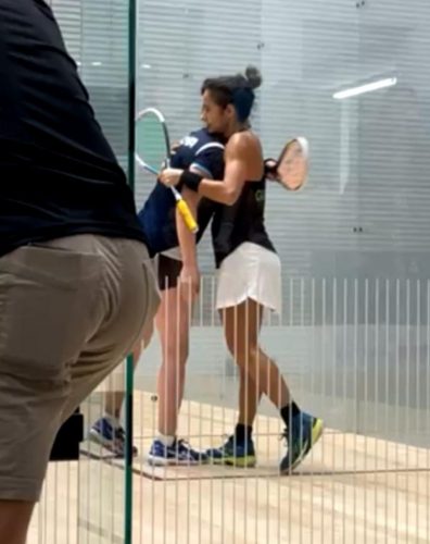 Nicolette Fernandes (right) of Guyana being congratulated by opponent and top seed Laura Tovar of Colombia after winning championship gold in the women’s individual division of the Pan Am Senior Squash Championship in Guatemala