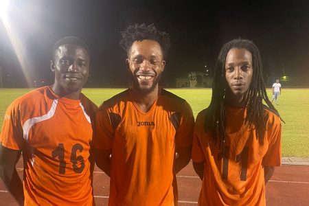 Pouderoyen scorers from left Telelen Adolph, Chad Matthews, and Dwayne St. Kitts