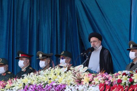 Iranian President Ebrahim Raisi delivers a speech during the ceremony of the National Army Day parade in Tehran, Iran April 18, 2022. President Website/WANA (West Asia News Agency)/Handout via REUTERS