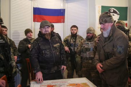 Ramzan Kadyrov (centre), head of Russia’s Chechen Republic and a top ally of Russian President Vladimir Putin, says the last stronghold of resistance in the Ukrainian city of Mariupol will be taken by April 21.   © Reuters 