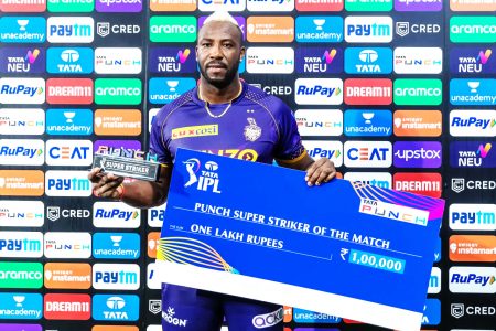 Andre Russell was named Man-of-the-Match after taking four wickets for five runs and then being the top scorer with 48 for Koltkata Knight Riders. (Pix courtesy of IPL)