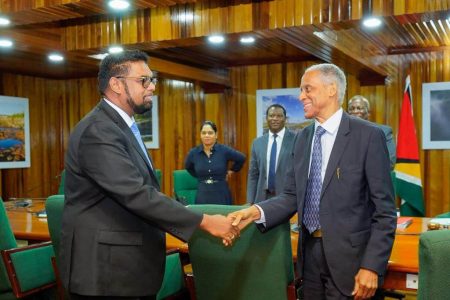 Justice Adrian Saunders, the President of the Caribbean Court of Justice (CCJ), is to address the annual dinner of the Guyana Bar Association tonight and is expected to speak on how this country’s accession to the court has advanced regional jurisprudence. Justice Saunders’ visit comes after the court presided over a series of cases from Guyana connected to the December 2018 motion of no confidence against the former government, the appointment of retired Justice James Patterson as Chairman of the Guyana Elections Commission and a raft of cases stemming from the March 2nd 2020 general elections which prompted major rulings. A release on Friday from the CCJ said that in his keynote address today, the CCJ President “intends to share some more views and expand on why and how he believes the choice Guyana has made, has advanced our Caribbean jurisprudence and has assisted in securing the rule of law in Guyana”.  As part of his visit, Justice Saunders paid a courtesy call on President Irfaan Ali and was also due to meet Attorney General Anil Nandlall and Dr Carla Barnett, new Secretary-General of CARICOM. The release said that a courtesy call on the Leader of the Opposition would have been facilitated “but that post is now vacant”. During his brief visit, the CCJ President also participated in the University of Guyana’s student symposium on “Paths in the Legal Profession.” He was also due to hold discussions with Justice Yonette Cummings-Edwards, Chancellor (Ag) of the Judiciary of Guyana. In photo, President Ali (left) greets Justice Saunders at the start of their meeting on Friday. (Office of the President photo)