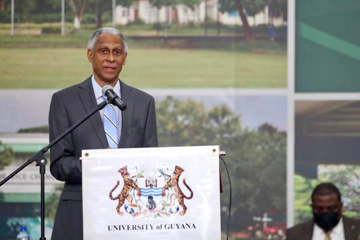 Justice Adrian Saunders, President of the CCJ speaking at a UG symposium (Guyana Bar Association photo)
