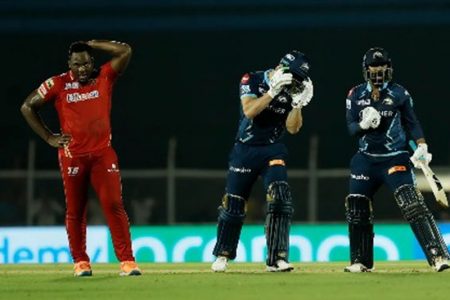 OH MY! Odean Smith (left) looks on in despair as David Miller (middle) and Rahul Tewatia celebrate Gujarat Titans’ victory. (Photo courtesy IPL) 