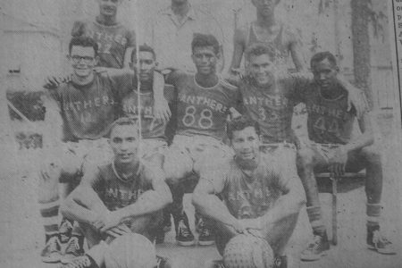 Picture shows: Standing left to right- Ken Corsbie, Peter Kaufman (coach), Sherton Lee (on vacation from University College of the West Indies), Sitting: Sandy McDonald, Chris Martins, Bull Bennett (Capt), Chris Spence, Brian Dummett, Front: Kay Franker (on vacation from Imperial College, Tropical Agriculture), and Stannie Devonish