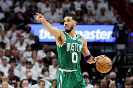 Celtics forward Jayson Tatum scored a team-high 26 points in a 100-96 win against the Miami Heat in game seven of the Eastern Conference finals at FTX Arena on Sunday in Miami, Florida. (Andy Lyons/Getty Images) 