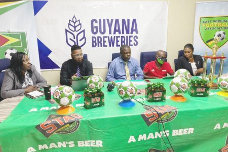 The EDFA Senior Men’s League launch party. (From left to right) EDFA Committee Member Dellon Adams, GBI Mark DaSilva, EDFA General Secretary Gidel Austin, GFF Technical Development Officer Lyndon France, and EDFA 2nd Vice-President Gillian Frank