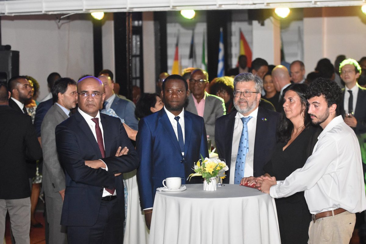 From left are Vice President, Bharrat Jagdeo; Minister of Foreign Affairs, Hugh Todd and European Ambassador to Guyana, Fernando Ponz Cantó  at the Europe Day reception. 