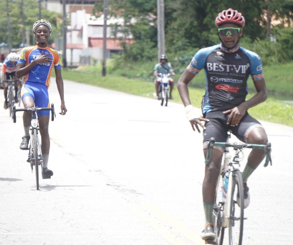 Mario Washington was the first junior cyclist to cross the line, leading Alex Leung and Adjani Cutting.