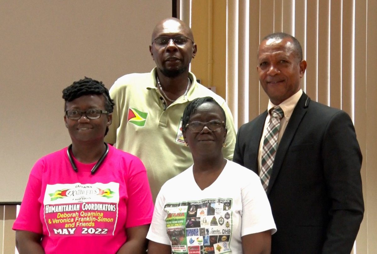 Principals of the Guyana Ex Athletes and Friends Inc – Deborah Quamina, Mark Bradford, Burgette Williams-Forde, along with President of the Athletic Association of Guyana, Aubrey Hutson, pose for a photo following the launch of the event at the Resource Centre
