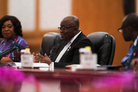 Ghana’s President Nana Akufo-Addo (C) speaks to Chinese leader Xi Jinping (not pictured) during their meeting at the Great Hall of the People in Beijing on Sept. 1, 2018. (Nicolas Asfouri/AFP/Getty Images)

