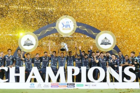 Debutants Gujarat Titans celebrating after being crowned Indian Premier League (IPL) champions