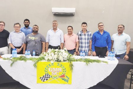 Some members of the newly elected GMR&SC executive committee. (From left) Committee Members, Mark Vieira, John Chin; Assistant Secretary/Treasurer, Azaad Hassan; Committee Member, Gavin Guyadin; President, Mahendra Boodhoo; Committee Member, Roshan Ali; Treasurer, Chetram Singh; and Secretary, Azim Jaffar. Missing are: Vice-President, Mohamed Shairaz Roshandin, Club Captain, Rameez Mohamed; and Technical Director, Joel Evans,
