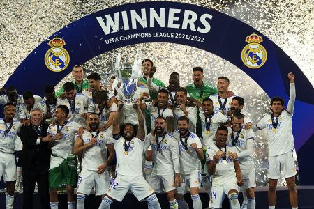 Real Madrid celebrating after winning their 14th Champions League crown