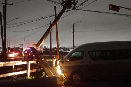 The minibus after it crashed into the utility pole at Vlissengen Road and Sandy Babb Street yesterday morning. (Photo taken from Deodat Indar’s Facebook page)