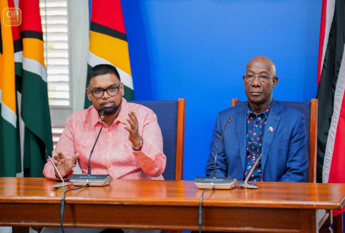 President Irfaan Ali (left) and Trinidad and Tobago Prime Minister Keith Rowley during the press conference yesterday. 