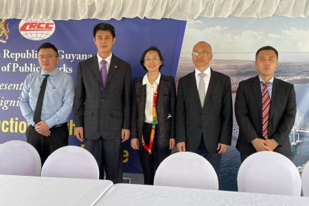 Chinese Ambassador to Guyana, Guo Haiyan (centre) with officials of China Railway Construction Corporation 