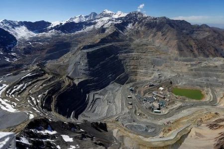 An aerial view of open pits of CODELCO's Andina and Anglo American's Los Bronces copper mines with Olivares glaciers in the background at Los Andes Mountain range (Reuters photo)