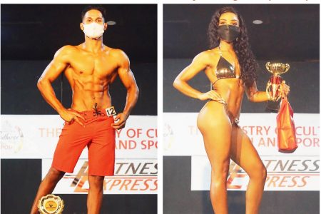Flashback! Yusuf Khan and Aliyah Wong won the Men’s Physique and Ms. Bikini Novices titles last year in Linden. (Emmerson Campbell photos)