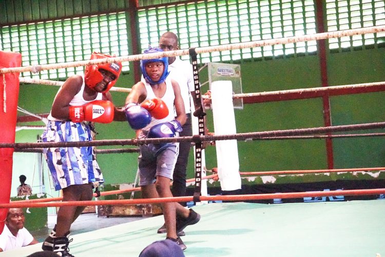 Marcel Blue (left) and winner Curtis McDonald matching gloves yesterday in the Pepsi/Mike Parris U-16 event which is staged twice per month.